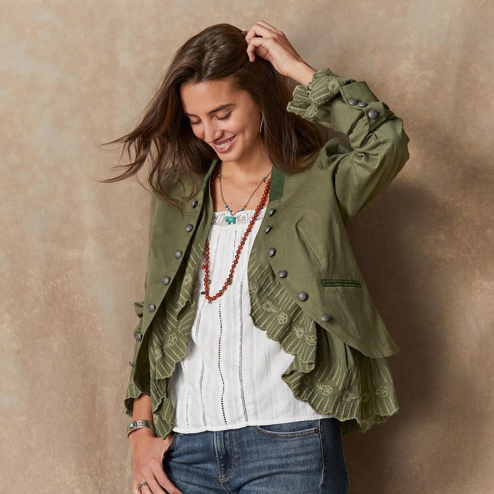 Sundance Caroline Military Band Ruffle Jacket Green M Boho Statement Embroidery